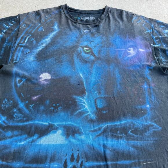 Vintage Liquid Blue Wolf Moon All Over Print 2001 T-Shirt XL Distressed Thrashed - Picture 3 of 9